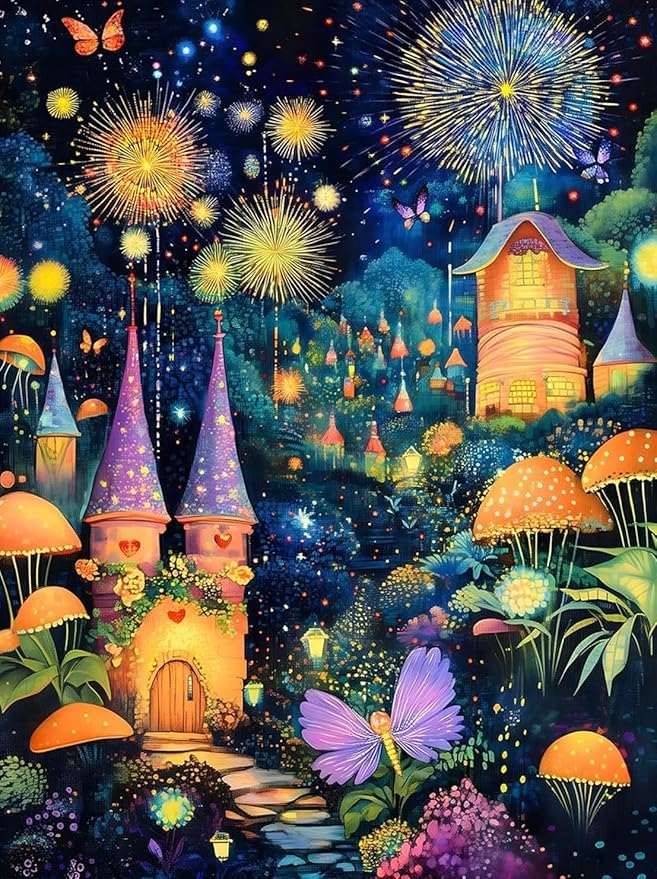 Mushroom House Night Diamond Art Kits for Adults,5D Diamond Painting Kits for Adults,Diamond Painting Diamond Art with Full Drill Diamond Dots,DIY Gem Crafts Kits for Home Wall Decor Gift 12x16 inch
