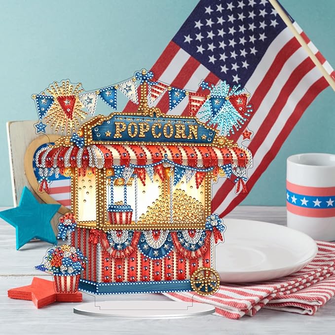 ARTopet DIY Diamond Desktop Ornament US Independence Day Special Shaped Crystal Double Sided Pattern Single Sided Diamond Art Painting Tabletop Home Ornaments Decor-Popcorn Stand