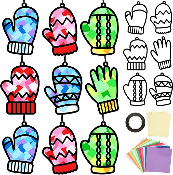 Qyeahkj 36 Set Winter Glove Suncatchers Crafts Kit DIY Window Tissue Paper Craft Kits Gloves Hanging Ornaments Decor Christmas Holiday Arts for Home Activity Art Party Favor Gift