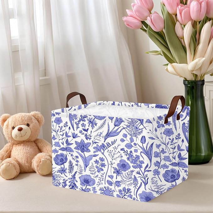 Chinoiserie Rectangle Storage Basket Decor (Blue)