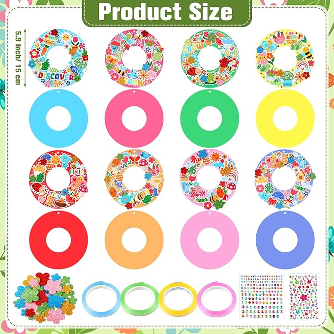 Hollowfly 48 Sets Spring Wreath Craft Kits DIY Wreath Hanging Ornaments Make Your Own Paper Craft with Stickers for Home Party Favors Activities