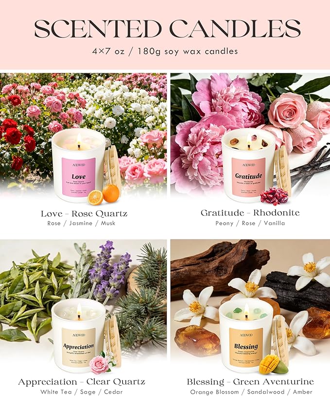 AOOVOO Mom Candles Set for Women - 4 Pack Candles for Home Scented, 28 oz 200h, Aromatherapy Candle with Crystals, Gratitude Rhodonite/Appreciation Clear Quartz/Blessing Aventurine/Love Rose Quartz