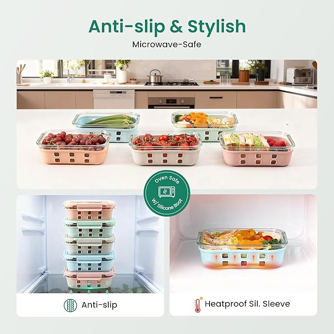 GENICOOK 4.4 Cup Glass Food Storage Containers, 5-Pack – Airtight Meal Prep Containers with Non-Slip Silicone Sleeve & Glass Lids, BPA-Free, Leakproof, Stackable