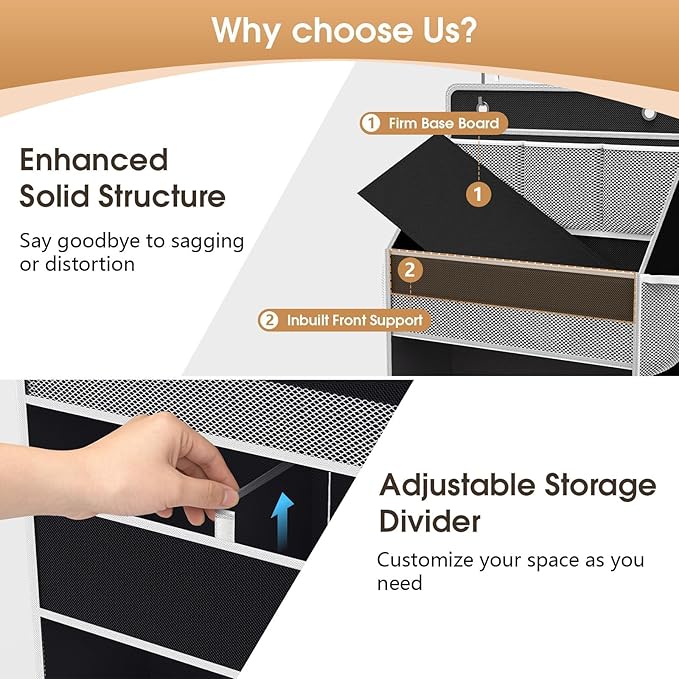 WISELIFE 5-Tier Over the Door Organizer for Hanging - 50LB Heavy-Duty Back of Door Organizer with 5 Spacious Pockets & 13 Mesh Pockets, Multipurpose Storage for Nursery, Bedroom, Closet(1 Pack, Black)