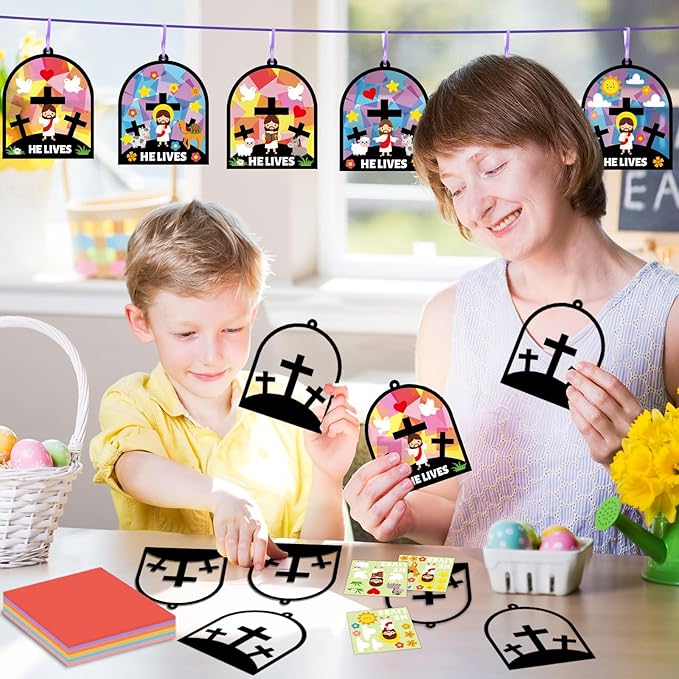 Qyeahkj 36 Set Easter Jesus Cross Suncatchers Crafts for Kids DIY Christian Religion Cross Window Tissue Paper Craft Kit Hanging Decor for School Home Activity Art Project Birthday Party Favor