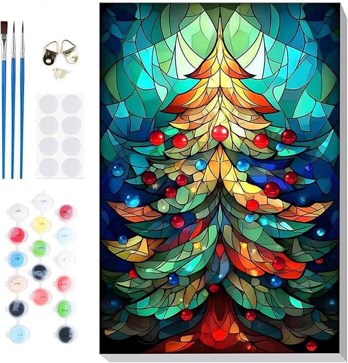 Bowetile Christmas Paint by Numbers for Adults Beginners Framed, Adults' Paint-by-Number Christmas Tree Kits on Canvas, Acrylic Number Painting Christmas Gifts for Home Wall Decor, 8x12in