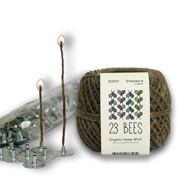 100% Organic Hemp Candle Wick 1.0mm Standard + Wick Sustainer Tabs 200pcs for Candle Making, 23 Bees, European Imported Hemp Spool 200ft with Natural Beeswax Coating