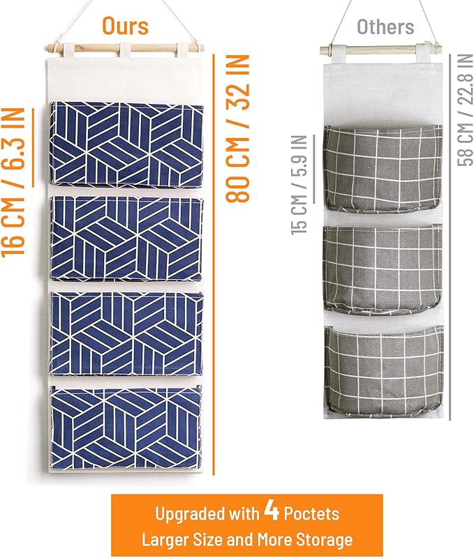 CROWNED 2Pcs Over Door Hanging Storage Bags Wall Mount Closet Organizer, 4 Big Pockets Linen Cotton Fabric Multi Functional Living Room Bedroom Bathroom File Magazine Waterproof Free Hooks Navy
