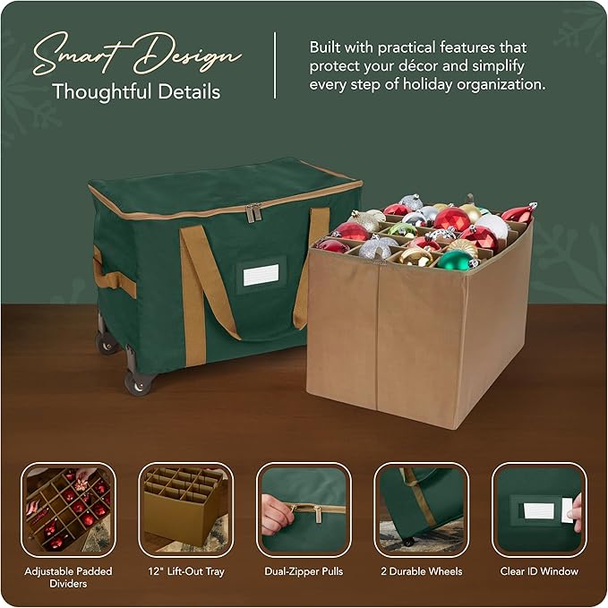 Covermates Keepsakes Rolling Adjustable Ornament Storage Bag – Heavy-Duty Polyester, FlexGrid Trays & Padded Dividers – Protective Holiday Organizer with Wheels, Handles & ID Window, Green