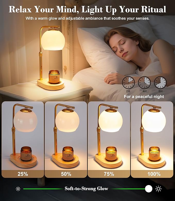 White Glass Candle Warmer Lamp Adjustable Height Dimmer 2 4 8 Hour Timer Natural Wood Base Wax Melter Includes Scented Candle and 2 Bulbs for Bedroom Living Room Modern Minimalist Decor