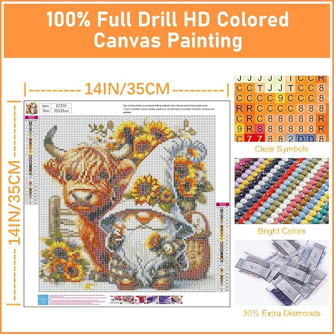 Highland Cattle Gnome Diamond Painting Kits for Adults Beginners,Diamond Art Kits for Adults Sunflower,Round 5D Gem Painting Kit Arts for DIY Crafts Gift Home Wall Decor 14x14inch