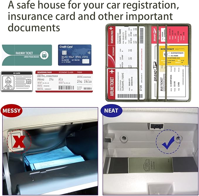 HIIXHC Car Registration and Insurance Card Holder - Leather Vehicle Glove Box Automobile Documents Paperwork Wallet Case Organizer for ID, Driver's License, Key Contact Information Cards