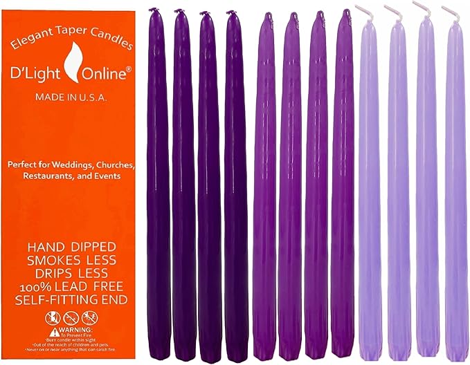 D'light Online Elegant 10" Purple Gradient Taper Candles Premium Quality- Unscented, Hand-Dipped Tapered Candles, Dripless and Smokeless - Set of 12 (10 Inch, Purple Gradient)