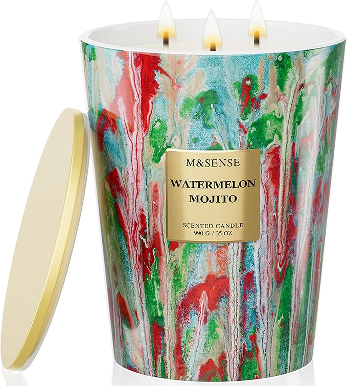 M&SENSE Large Watermelon Scented Soy Candle, 35oz 150 Hours 3-Wick Clean Burning, Natural Spring Candles Party Essential, Family-Friendly Housewarming Gift & Home Fragrance