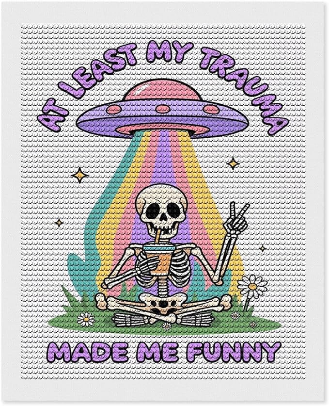 KIVJMSIDJA Diamond Art Kits for Adults Skull Skeleton “At Least My Trauma Made Me Funny” DIY Round Diamond Art for Home Wall Decor & Crafts Gifts 16"x20"