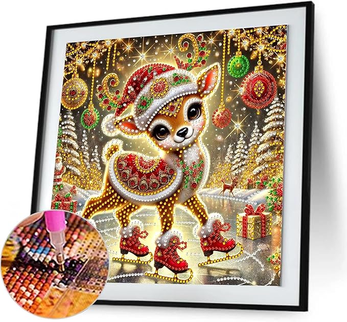 Christmas Deer 5D Special Shape Diamond Art Kits for Beginners, Christmas Winter Theme Diamonds Painting Kits for Adults,DIY Crystal Rhinestones Diamond Paintings for Home Wall Decor 12×12Inch