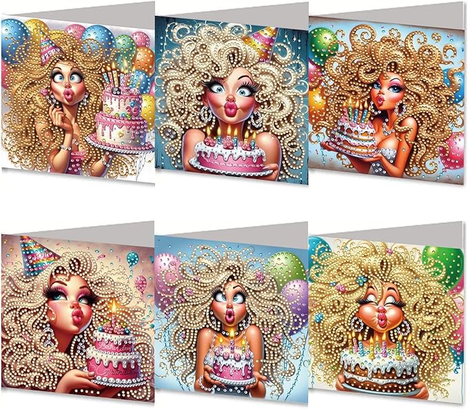 DoxQcs 5D Diamond Art Painting Greeting Cards Kit, DIY Cards for Blessings Congratulations Gifts, Greeting Card Set for Birthday Thanksgiving Day Christmas Halloween-Woman’s Birthday