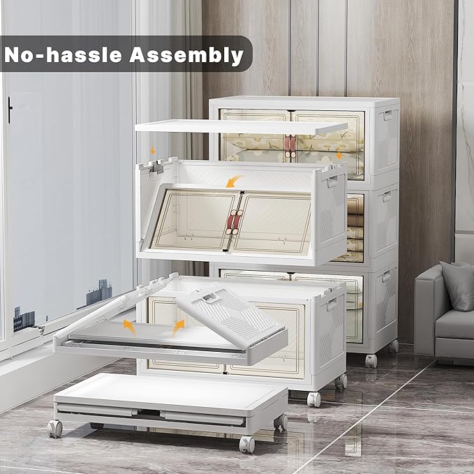 Stackable Storage Bins with Lids, 480QT Closet Organizers and Storage with Doors and Wheels, Extra Large Storage Cabinet, Collapsible Plastic Drawers for Bedroom Dorm Office Garage