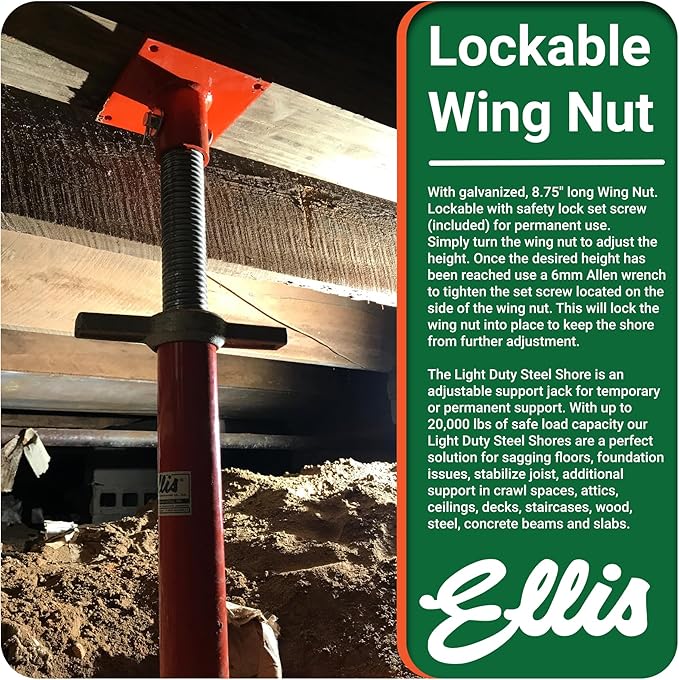 Ellis Manufacturing Light-Duty Steel Construction Jack - Adjustable Screw Jack Post for Floor Leveling, Beams, and Concrete - 5,000 lb Load Capacity - 85"-109" Adjustment, House Jacks for Leveling