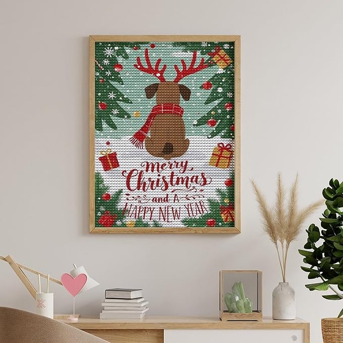 Diamond Painting Kits for Adults - Merry Christmas And Happy New Year Red Antlers & Scarf Painting DIY 5D Full Drill Diamond Dots Paintings with Diamonds Gem Art And Crafts Home Decor 12"x16"