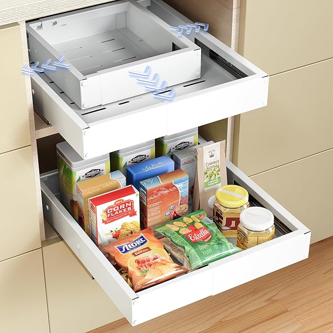 2 Pack Pull Out Drawers for Cabinets, Slide Out Drawer Expandable Width (10"-15") and Depth (11"-17") With 3 Slides, Fixed with Adhesive Film & Nail for Cabinets in Kitchen, Pantry or Bathroom - White