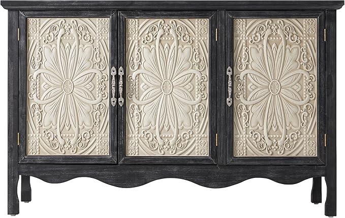 RoyalCraft Buffet Cabinet with Storage, Vintage Solid Wood Sideboard with 3 Carved Doors, Painted Coffee Bar Console Table for Dining Room, Living Room, Kitchen, Black