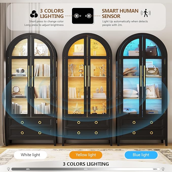 LVSOMT 71" Tall Arched Storage Cabinet with Glass Doors and Drawers, Curio Display Cabinet with Adjustable LED Light & Human Sensor, 4-Tier China Cabinet for Living Room(Black+Wood)