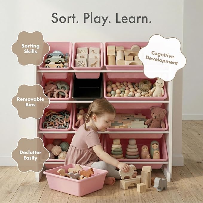 Humble Crew Kids Toy Storage Organizer with 12 Plastic Bins, White/Pink – Removable Bins for Playroom, Bedroom, Toddler Furniture for Boys and Girls Ages