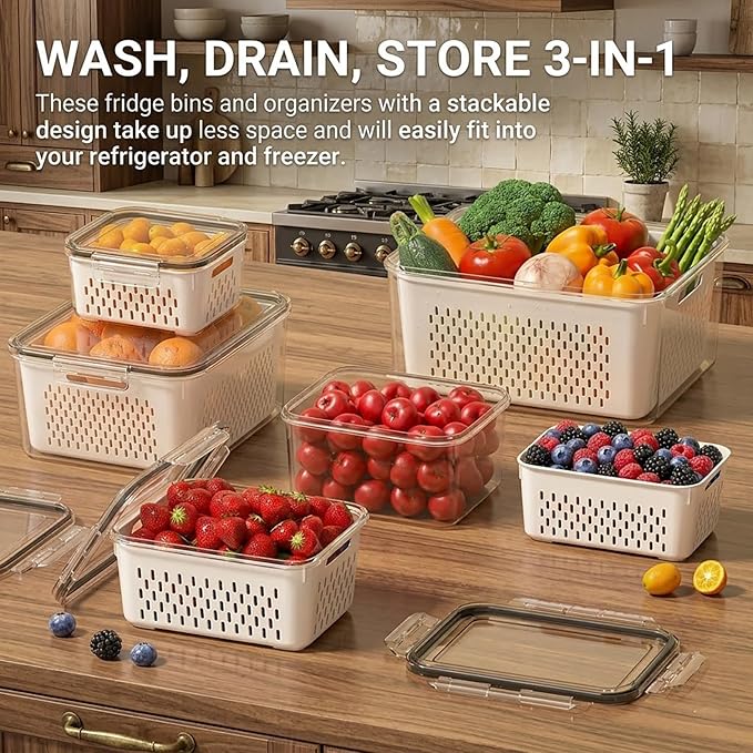 4 in 1 Food Storage Container, Berry Containers For Fridge & Veggie Tray With Lid For Fridge. Airtight Stackable Fruit Bowl With Removable Draining Colander, Premium Kitchen Camper RV Organization