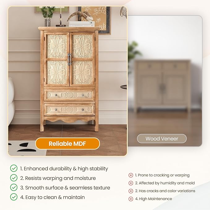 RoyalCraft 48" Tall Accent Cabinet with 2 Carved Doors and 2 Drawers，Vintage Wood Cabinet with Storage, French Country Sideboard Buffet for Small Spaces, Dining Room, Living Room & Hallway