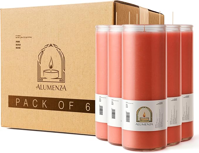 Bulk 6 Pack Pink 7 Day Candles in Glass Jar – Paraffin Wax, Clean Burning Unscented | Large & Tall Devotional Prayer Pillar Candles for Home, Memorial, Spells, Long Lasting