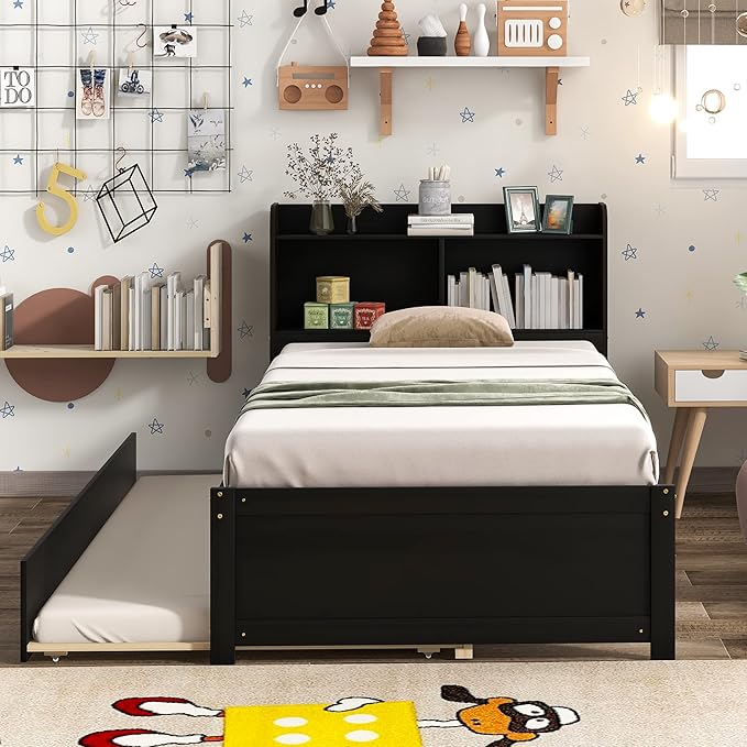 Harper & Bright Designs Twin Size Platform Bed with Bookcase Headboard and Trundle, Wooden Twin Platform Bed Frame with Bookself for Kids Girls Boys, Espresso