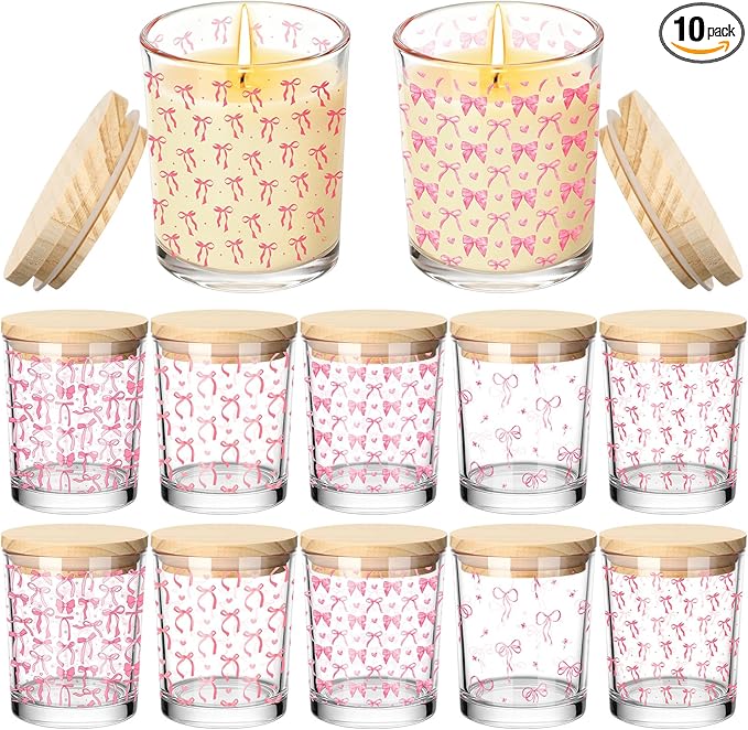 Ziliny 10 Pcs Pink Bow Glass Candle Jars Empty Containers Bulk 7 oz Glass Jars with Cork Lids Tins for Xmas Holiday Candle Making Storing Biscuits Tea Party Favors