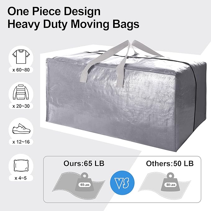 VELVETSURE Heavy Duty Extra Large Moving Bags W/Backpack Straps - Strong Handles & Zippers, Storage Totes For Space Saving, Fold Flat, Alternative to Moving Box and Storage Bin (Set of 6, Silver)