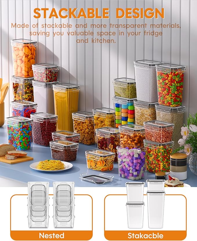 36 PCS Airtight Food Storage Containers with Lids, Kitchen Pantry Organization and Storage, BPA-Free Plastic Scale Food Canisters for Cereal, Flour, Sugar, Dry Food, Include Labels & Marker