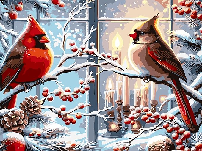 Christmas Paint by Numbers Kit for Adults Beginner , DIY Red Bird Paint By Numbers Kits, Easy Color Acrylic Paint On Canvas Candle Painting Kits Art,Home Wall Decor 12x 16 Inch (Without Frame)