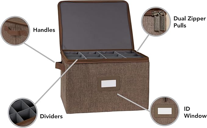 Covermates Keepsakes China Cups and Coffee Mugs Storage Box Stackable, Reinforced Handles, China Storage, Brown Heather