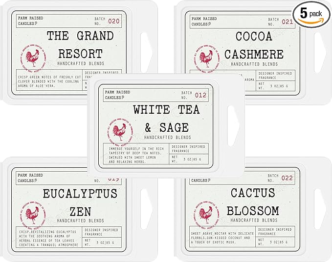 Farm Raised Candles Resort 5 Pack Variety Soy Wax Melts – Fresh from the Farm Scented Wax Cubes for Warmers – 5 Hotel & Spa Inspired Fragrances – Farm Fresh Wax Melts – USA Made