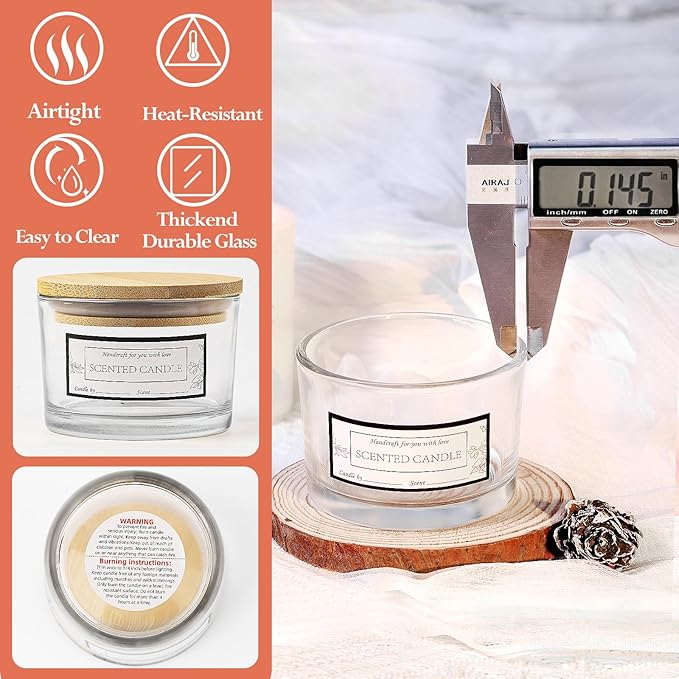 CONNOO 15 Pack 4 OZ Clear Glass Candle Jars with Airtight Bamboo Lids for Making Candles, Bulk Small Wide Mouth Empty Candle Containers with Sticky Warning Labels - Dishwasher Safe