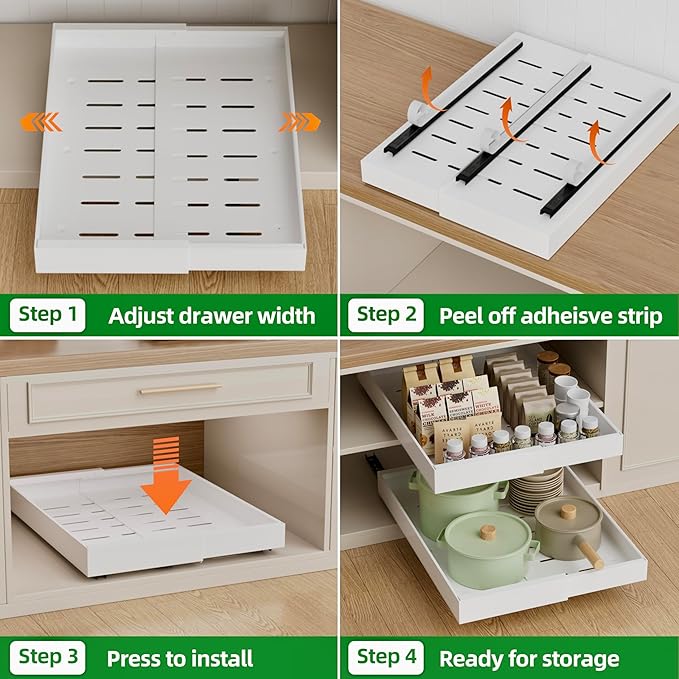 PAKETA 4 Pack Expandable Pull Out Cabinet Organizer, 21'' Deep Pull Out Drawers for Cabinet, Upgrade 3 Slide Rails Sliding Drawers for Cabinets with Adhesive Nano Film (White, 21"D X 9-14"W)