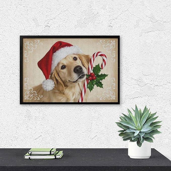 Diamond Painting Kits for Adults - Christmas Golden Retriever Puppy in Santa Hat with Candy Cane Painting DIY 5D Full Drill Diamond Dots Paintings with Diamonds Gem Art And Crafts Home Decor 8"x12"