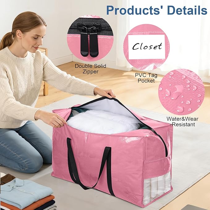 6PcsExtra Large Heavy Duty Moving Bags with Reinforced Zippers & Handles, 67L Waterproof Storage Tote Bag Bins Alternative to Box Moving Supplies Space Saving for Travel College Dorm Essentials Pink