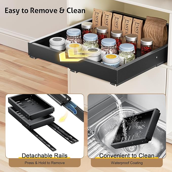 Upgrade Pull Out Cabinet Organizer, Expandable Width (11.4"-18.9") Depth (16.3"-21.7") Pull out Drawers for Cabinets with 3 Rails, No Drill Adhesive Film or Nail Slide out Drawers for Kitchen, Pantry
