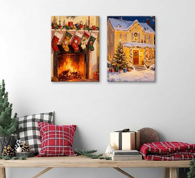 Paint by Number Kit for Adults & Kids, 2 Pack Christmas Scenes 16x20 Inch Framed, DIY Acrylic Painting Kit with Brushes & Paints, Festive Home Art Decor