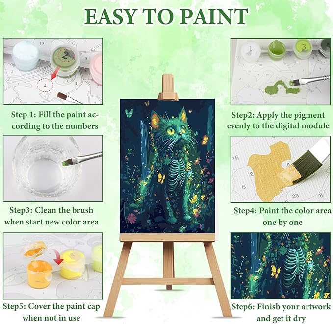 NAIMOER Cat Skeleton Paint by Numbers Kits for Adults Beginner with Wooden Framed, Color by Numbers on Canvas Painting Kits for Adults, Easy Paint DIY Acrylic for Home Wall Decor 8X12 Inch