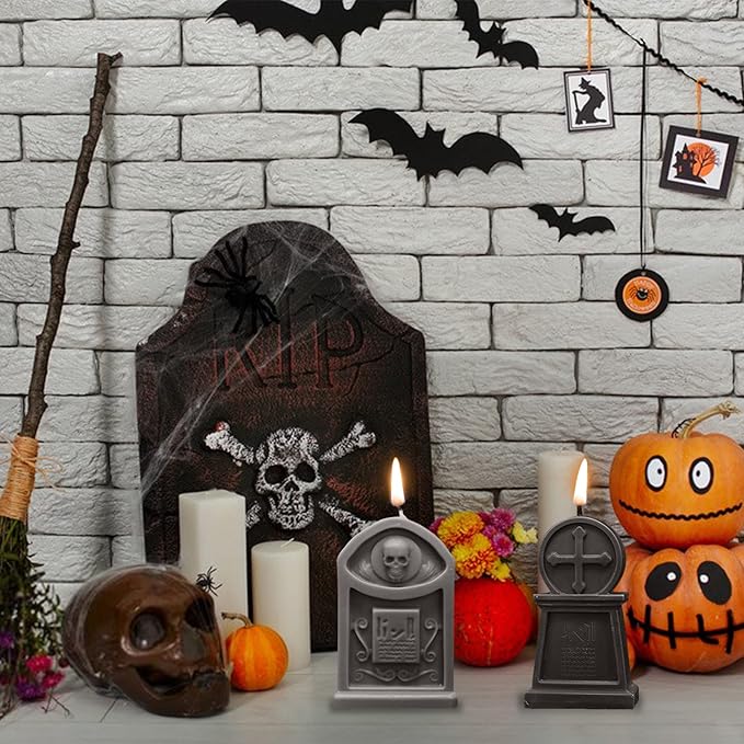 2 Pcs Tombstone Candle Mold Halloween Resin Casting Silicone Mold for DIY Aromatherapy Candles Wax Plaster Polymer Clay Decoration