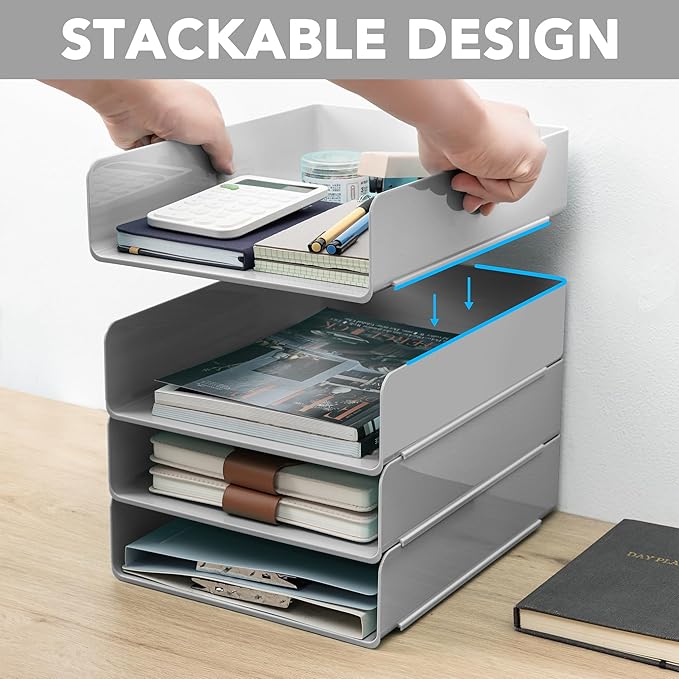 Tiawudi Desk Organizer, Office Organization and Storage, Plastic Letter Tray, Stackable File Organizer for Classroom, Home, Documents, Notes, Folders, Books and Pens, 4 Tier