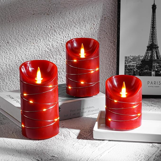 HaitanghuaRechargeable Flickering Candle with String Lights, Remote Control, 2/4/6/8 Hour Timer Function, USB Rechargeable Candle, Real Wax LED Candle, (4/5/6 inches) red, Three-piece Set.
