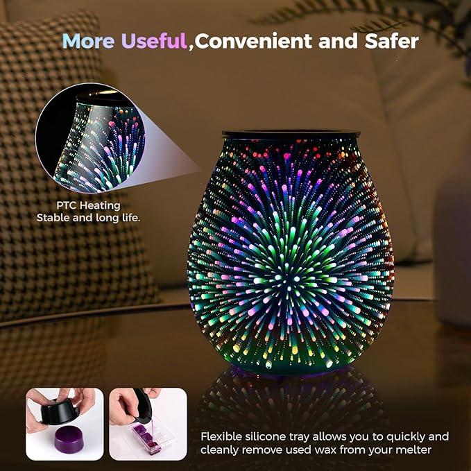 Inrorans Glass Electric Wax Melt Warmer Oil Burner with Stable Heating PTC Reusable Silicone Tray 7 Colorful Changing Led Light Night Light Scent Warmer for Home Fragrance Warmers-Fireworks Timer