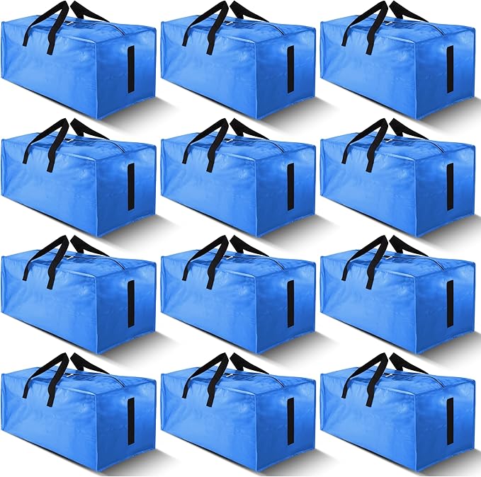 HOMESURE 12 Pack Large Strong Moving Bags with Zippers & Carrying Handles - Water-Resistant - Heavy Duty Storage Tote for Space Saving, Fold Flat, Alternative to Moving Box (Sky Blue)